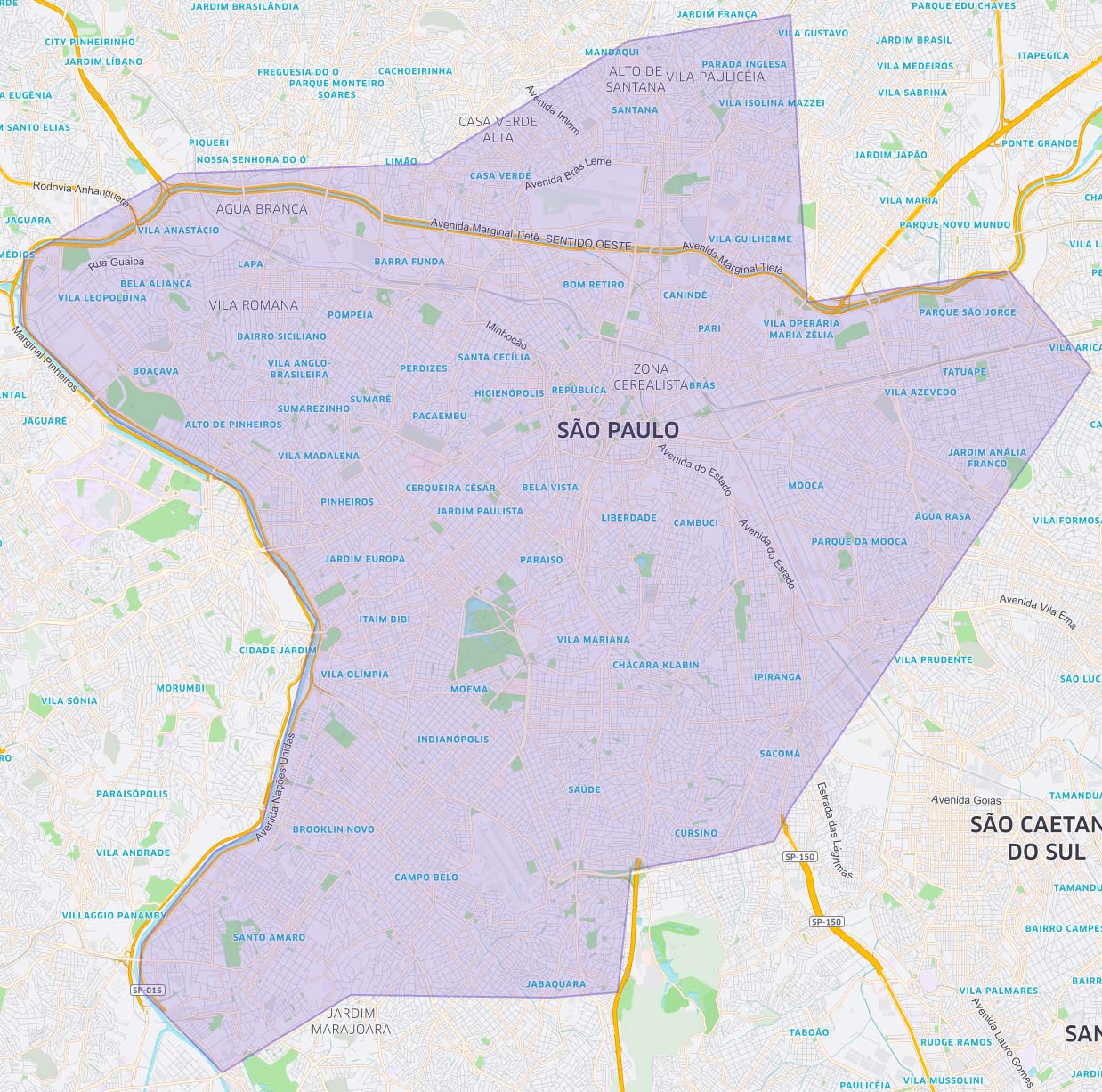Mapa do centro expandido de São Paulo, onde o Uber vai operar