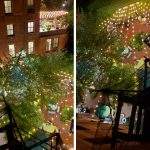 O pátio externo do HI NYC tem luzinhas nas árvores, coisa mais fofa