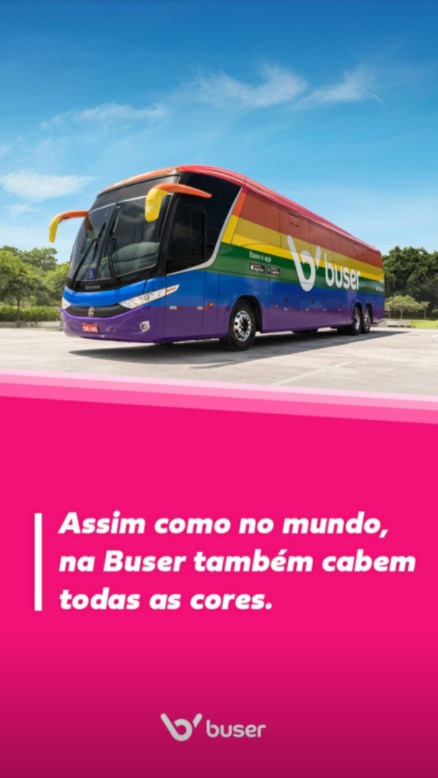 Ônibus arco-íris da Buser foi divulgado no Instagram da empresa - Foto: Divulgação/Buser