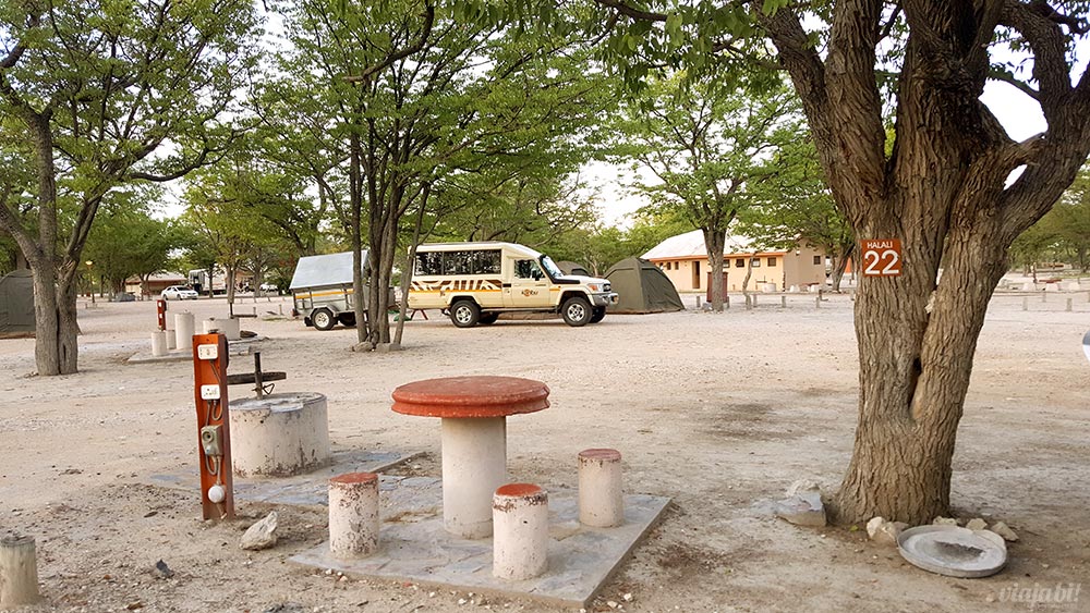 Cada área de acampamento do Halali Camping Site tem mesas e ponto de eletricidade, dentro do Etosha National Park