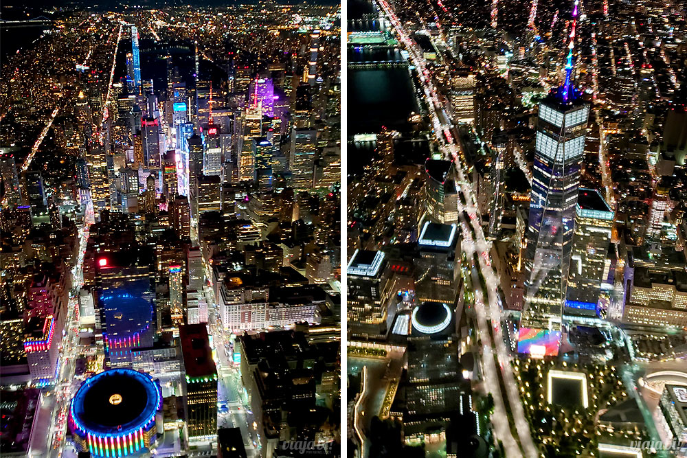 À esquerda, Madison Square Gardens e Times Square; à direita o One World Trade Center, o memorial das Torres Gêmeas e a estação The Oculus