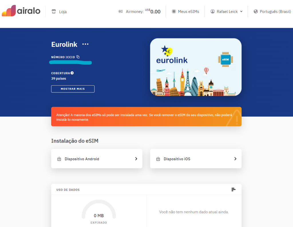 Tela do site da Airalo com exibição de "Meus eSIMs", mostrando o plano Eurolink 10Gb 30 dias