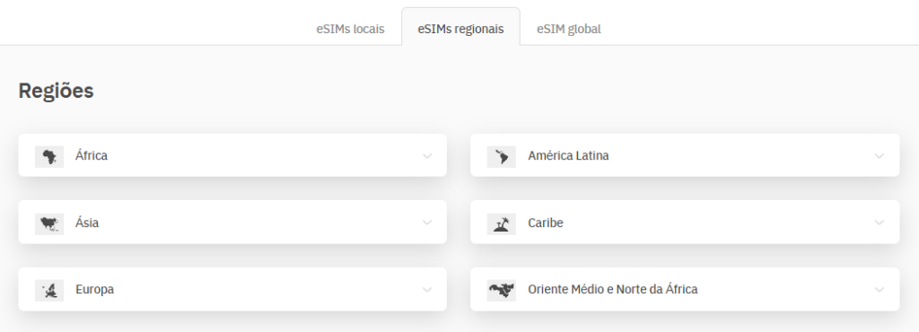 Tela do site da Airalo com exibição dos eSIMs regionais